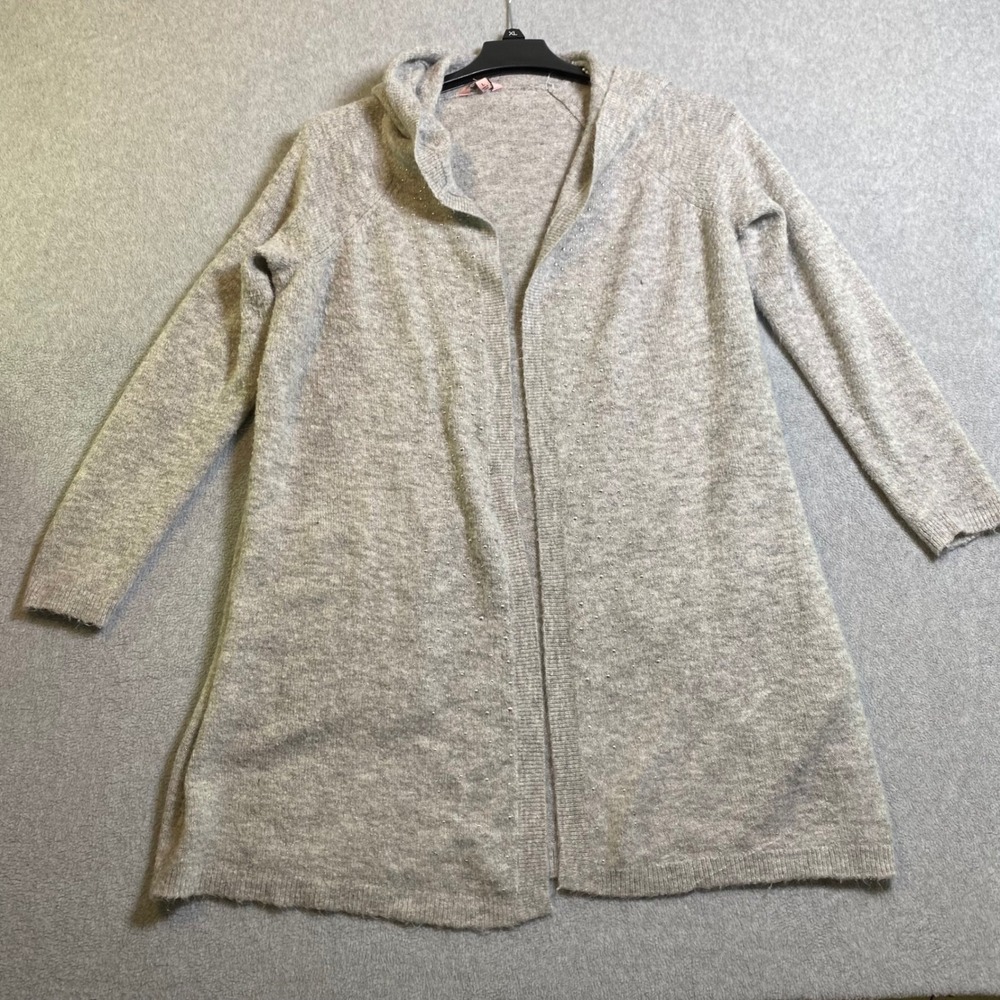 Juicy Couture Cardigan Women L Gray Rhinestone Hooded Open‎ Front Longline EUC